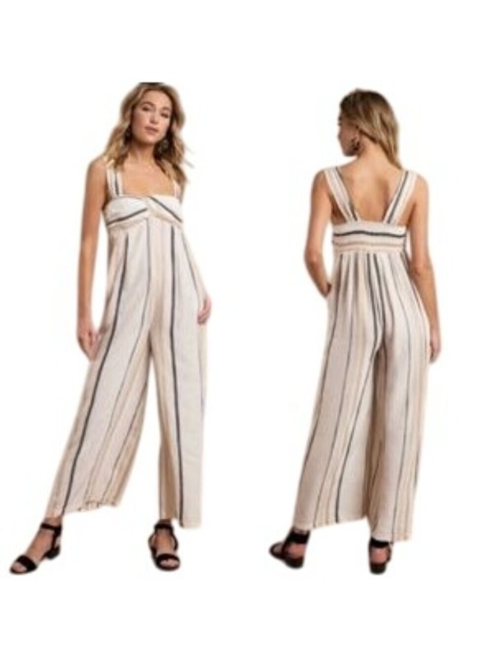 Free People Breezin' Through White Stripe Sleeveless Wide Leg  Jumpsuit